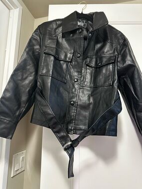 Moto Gear Black Faux Leather Button Front Jacket with Belt